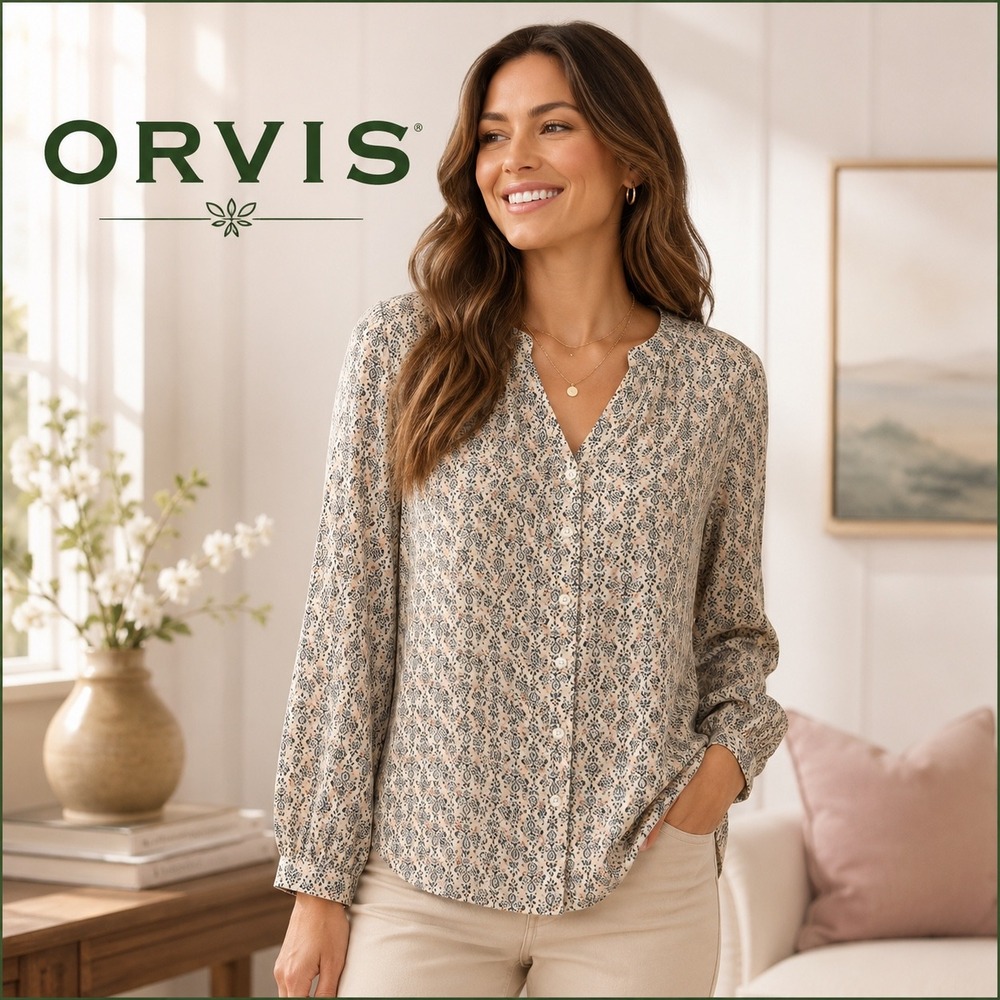 Orvis Womens XL Cotton Button Down Blouse Long Sleeve Medallion‎ V-Neck Top